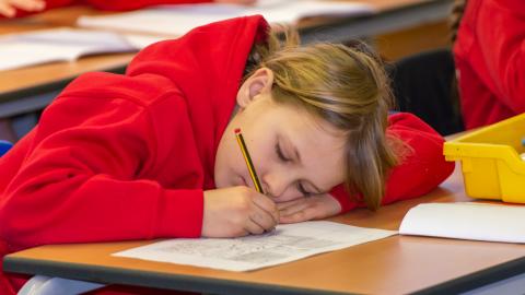 Girl holding a pencil completing a worksheets